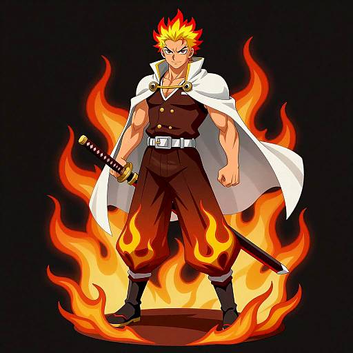 Muscular Hero with Flame Hair and Katana