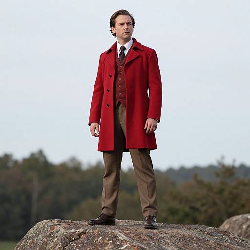 Photograph of a serious-looking man in a bright red coat, brown trousers, and black shoes standing on a rock with a blurred forest background.