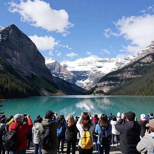 Photograph of a diverse group of people, wearing winter clothes, standing on a lakeside boardwalk, capturing a stunning mountain and snow-covered peak with
