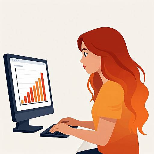 Digital illustration of a red-haired woman in an orange shirt using a computer with a bar graph on the screen.