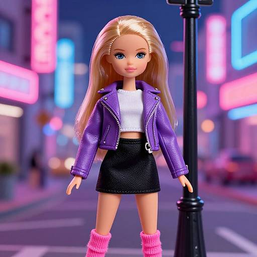 Photograph of a blonde doll with blue eyes, wearing a purple leather jacket, white crop top, black mini-skirt, and pink leg warmers