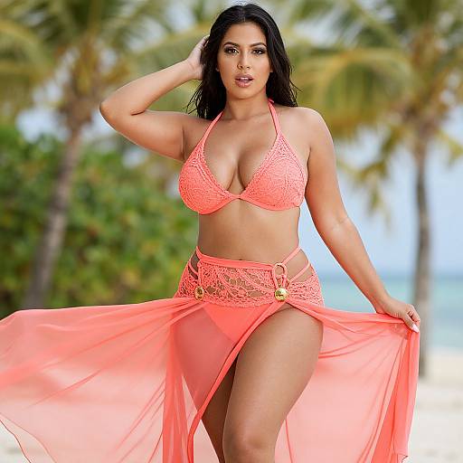 Photograph of a curvy, tan-skinned woman with black hair, wearing a neon pink lace bikini and sheer skirt, posing confidently on a tropical