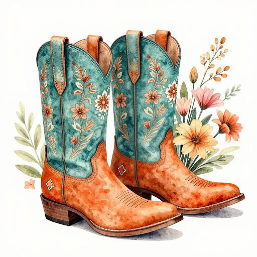 Watercolor Teal-Orange Embroidered Cowboy Boots