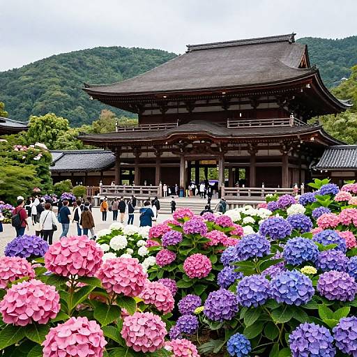 Photograph of a traditional Japanese temple with a dark, curved roof, surrounded by vibrant pink, purple, and blue hydrangeas, with visitors in