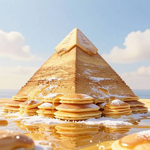Photorealistic CGI: Pyramid pyramid-shaped stack of golden pancakes with powdered sugar, in a sunny, blue sky with fluffy clouds background.