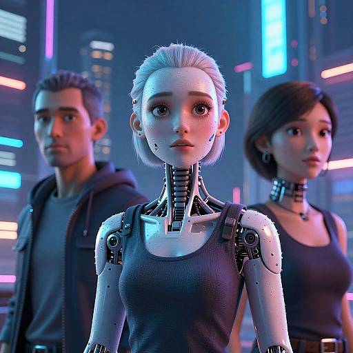 CGI cyberpunk scene: Three characters, one robotic woman with silver hair in a black tank top, flanked by a man and woman in neon