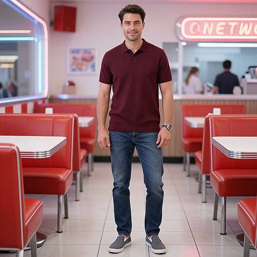 Photograph of a smiling man in a maroon polo, blue jeans, and gray sneakers standing in a retro-style diner with red booths and neon 