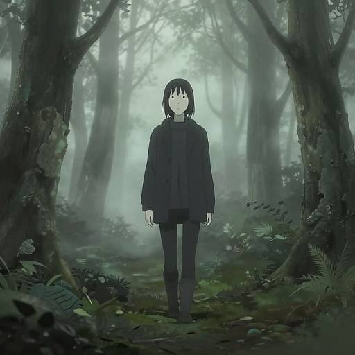 Digital anime-style drawing of a silent, black-haired girl in a dark jacket and pants, standing in a misty, dense forest.