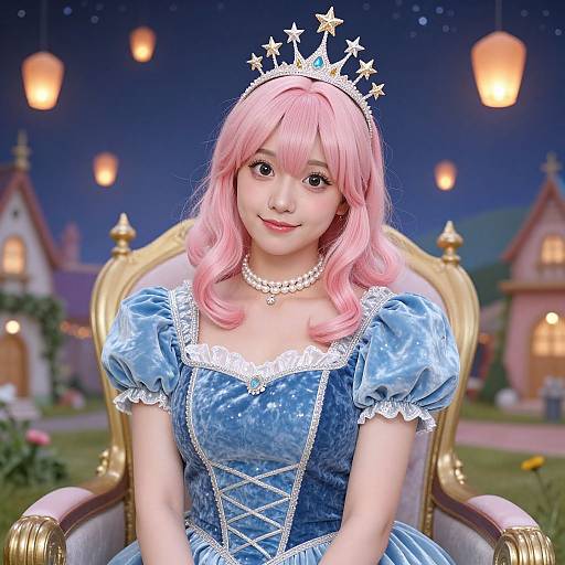 Photograph of an Asian woman with pink wig, blue princess dress, white crown, pearl necklace, sitting on a gold throne under a night sky with