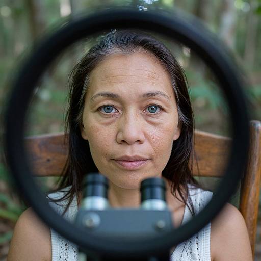 Photograph of a middle-aged woman with blue eyes, brown hair, wearing a white sleeveless top, seen through a circular black frame, with a