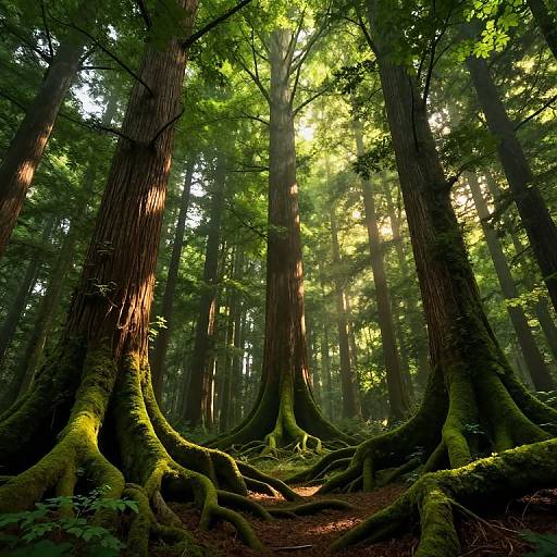 Photograph of a sunlit, dense forest with towering redwood trees, their thick, moss-covered roots visible on the forest floor, bathed in