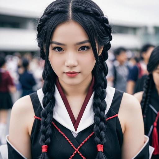 Young Woman in Nezuko Cosplay with Twin Braids