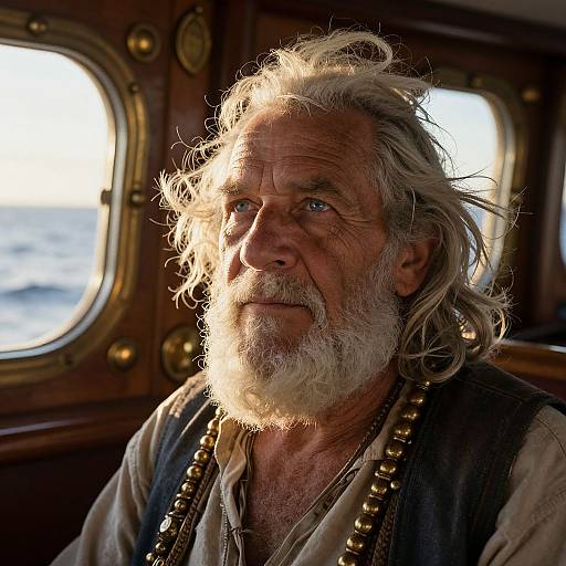Photograph of an elderly, weathered man with wild white hair and beard, wearing a beaded necklace, sunlight illuminating his face inside a wooden