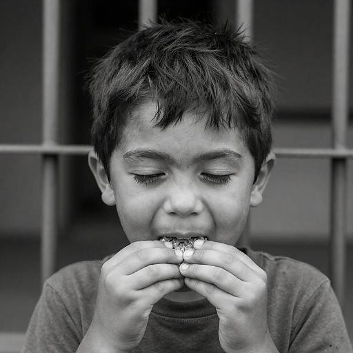Black and White Portrait of Boy Eating
