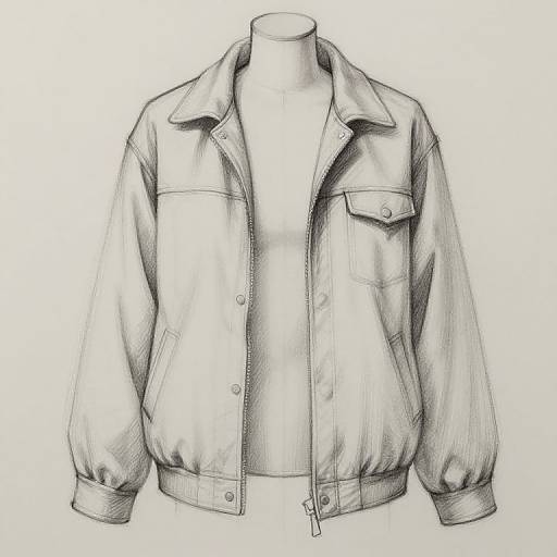 Black-and-white pencil drawing of a classic, unzipped bomber jacket on a headless mannequin, featuring a collar, chest pocket, and