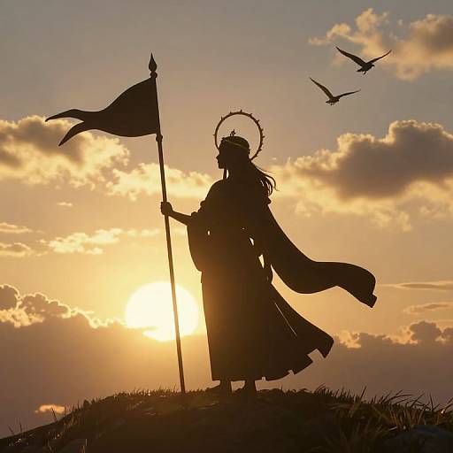 Silhouetted figure of a crowned, robed warrior with a flag, standing against a golden sunset sky with flying birds. Photographic image.