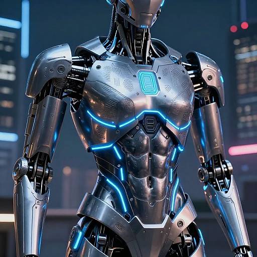 Photorealistic CGI of a silver and blue futuristic robotic humanoid with glowing neon accents, standing in a neon-lit cityscape at night.