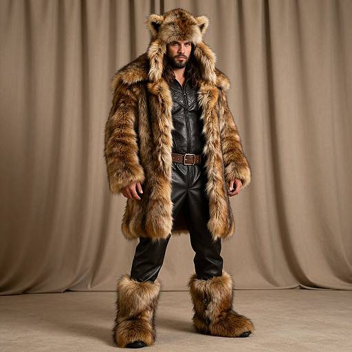 Photograph of a bearded man in a brown fur hooded coat, black leather outfit, and fur-lined boots, standing against a beige curtain backdrop