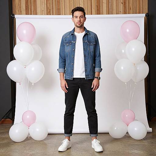 Photograph of a young man with short brown hair, beard, wearing a blue denim jacket, white shirt, black pants, and white sneakers, standing