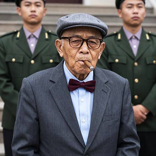 Elderly Man with Soldiers in Uniform