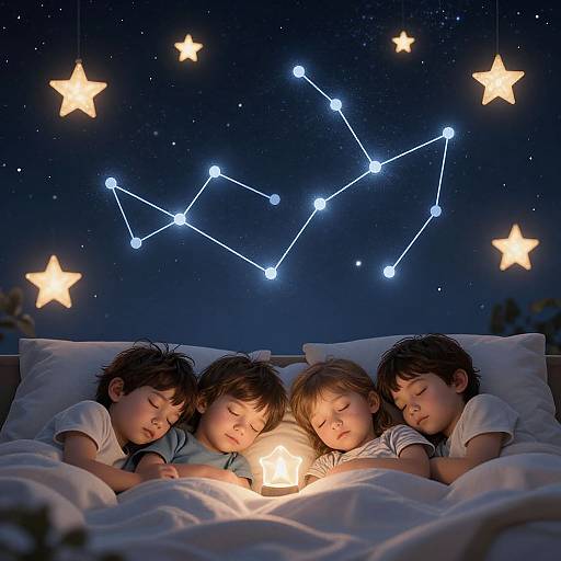 Photograph of four sleeping children with closed eyes, lying under white blankets, gazing at a glowing star and constellation display above.