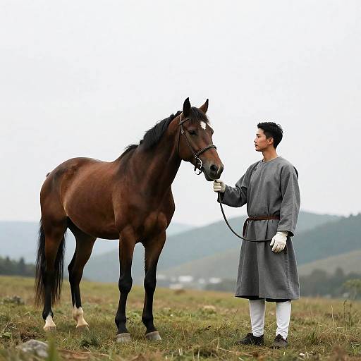 Man in Gray Robe with Brown Horse