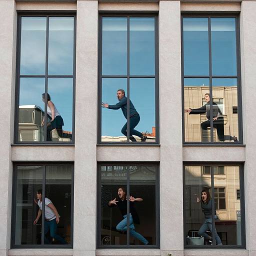 Photograph of six people in black clothing, performing dynamic poses on and in front of tall, reflective glass windows of a modern building.