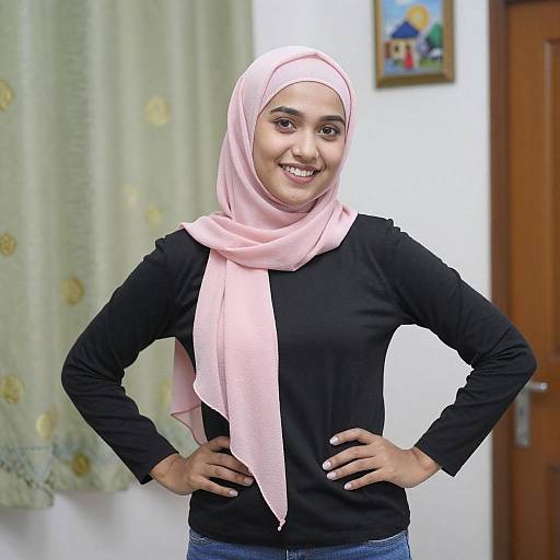 Photograph of a smiling South Asian woman with light brown skin, wearing a pink hijab and black long-sleeve top, standing with hands on