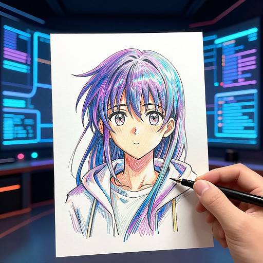 Digital anime-style drawing of a blue-haired girl with large eyes, white hoodie, held by a hand with a pen, in a futuristic, neon-l