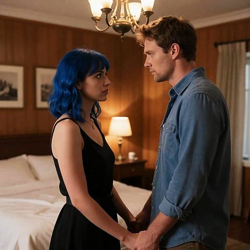 Couple Holding Hands in Wooden Paneled Bedroom
