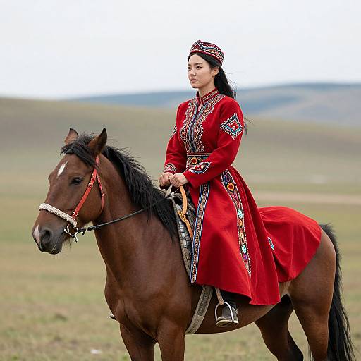 Woman Riding Horse in Tuvan Costume