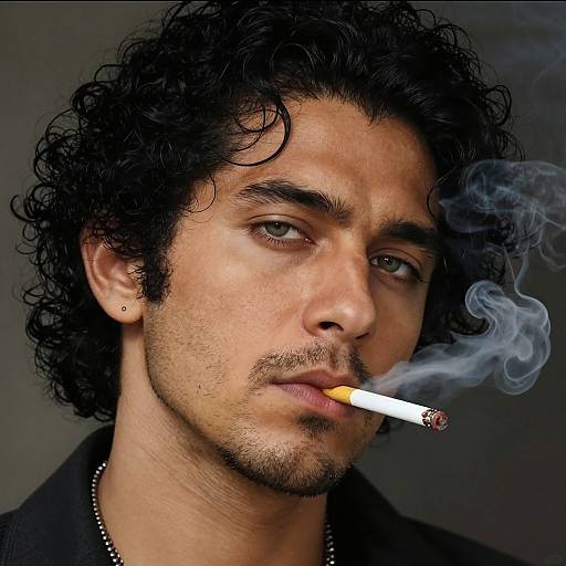Photograph of a curly-haired, light-skinned man with green eyes, light stubble, smoking a cigarette, with blue-gray smoke curling around