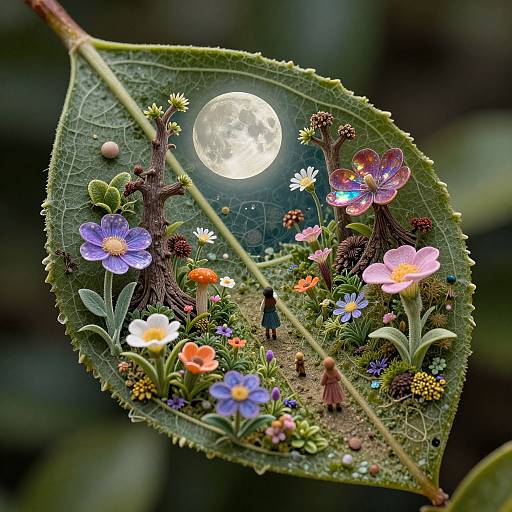 Photograph of a detailed, miniature fairy garden on a leaf with flowers, trees, and a tiny figure under a full moon.