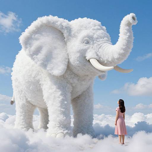 Photorealistic CGI: A woman in a pink dress stands before a massive, fluffy white elephant on a cloud-filled blue sky.