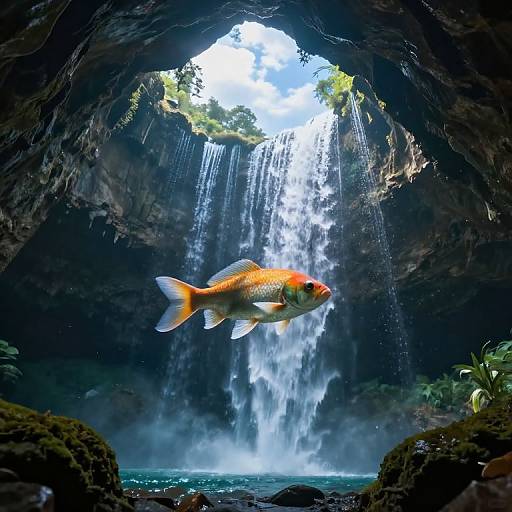Photograph of a vibrant orange goldfish swimming in a dark cave, with sunlight filtering through a waterfall above.