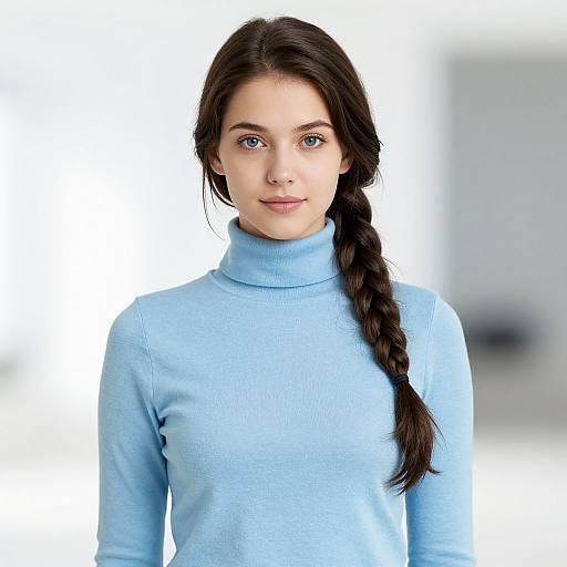Photograph of a young woman with fair skin, blue eyes, and long dark brown hair in a braid, wearing a light blue turtleneck