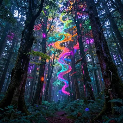Photograph of a dark forest with towering trees, illuminated by a vibrant, neon-colored, sinuous light trail in shades of orange, pink, blue