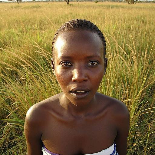 Photograph of a young, dark-skinned, topless woman with braided hair, standing in a sunlit, golden grass field, looking directly