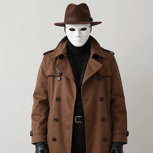 Person in Darkman Costume with Brown Trench Coat and White Mask