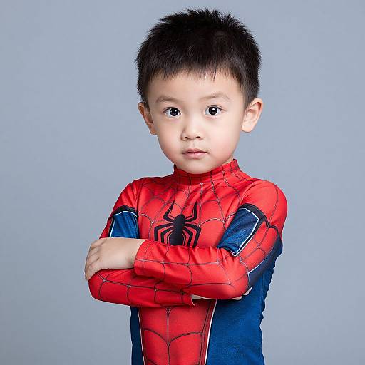 Young Asian boy with short black hair, wearing a red and blue Spider-Man costume, arms crossed, standing against a light blue background. Photographic portrait