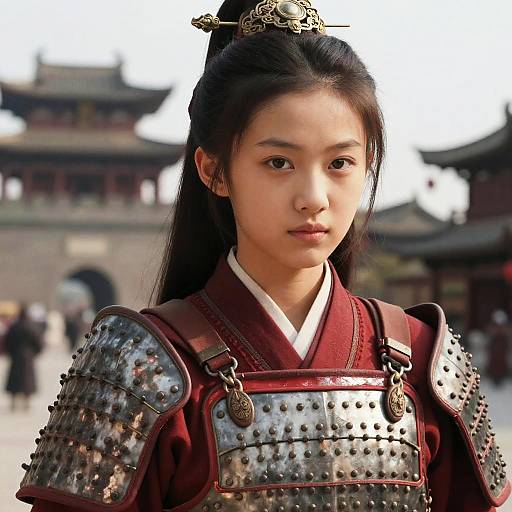 Photograph of a young East Asian woman with long black hair, wearing traditional Japanese samurai armor and a red kimono, standing in front of a