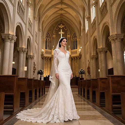 Photograph of a smiling woman in an elegant, lace-trimmed white wedding gown standing in a grand, Gothic-style cathedral with arched ceilings and