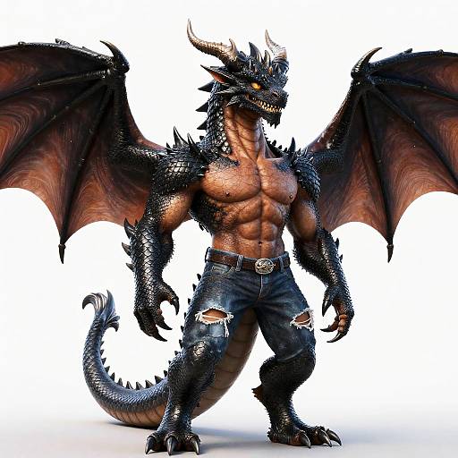 Muscular Anthro Black Dragon with Wings and Torn Jeans