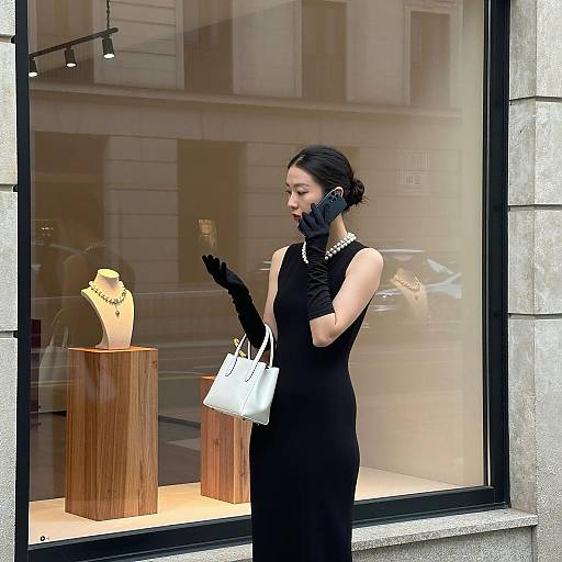Woman in Black Dress with Pearl Necklace by Jewelry Store Window