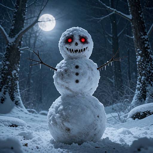 Photograph of a creepy snowman with glowing red eyes, sharp teeth, and stick arms, standing in a moonlit snowy forest.