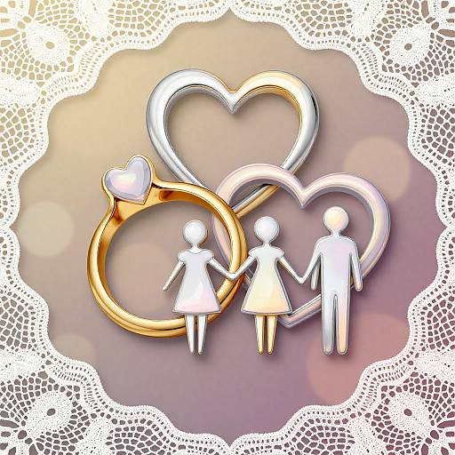 Digital illustration of two gold and silver heart-shaped rings holding white and yellow stick-figure couples, set against a lace-patterned, bokeh background.