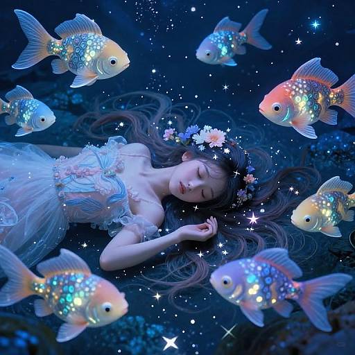Fantastical underwater photograph of a serene, fair-skinned woman with long brown hair, wearing a glowing, ethereal blue dress, surrounded by bi