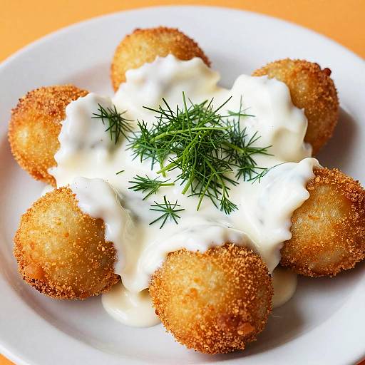 Crispy Fried Dumplings with Creamy Sauce and Dill