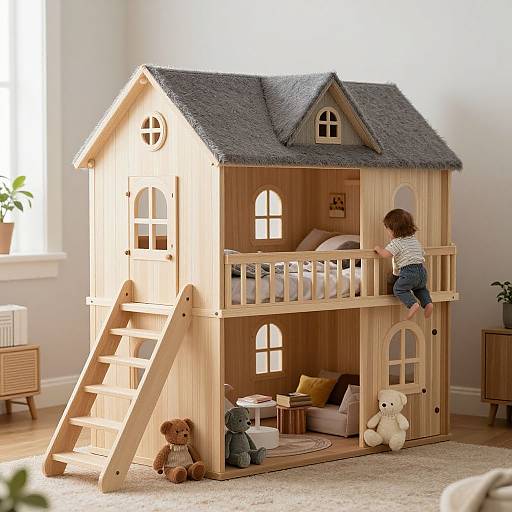 Photograph of a wooden, two-story children's playhouse with a dark roof, stairs, and plush toys, in a bright, sunlit room