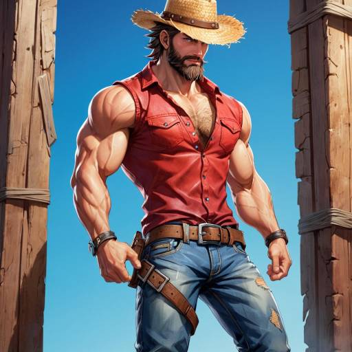 Muscular man in cowboy hat and denim vest
